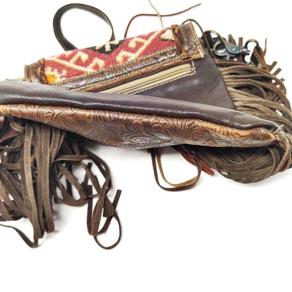 Myra Bag Aztec Motif Leather Fringe Purse Boho Western Brown Red Crossbody Bag - Picture 6 of 9